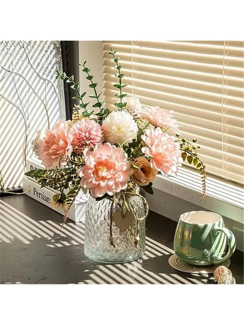 Artificial Flowers With Vase Pink Silk Roses Hydrangea Dahlia Table Centerpiece